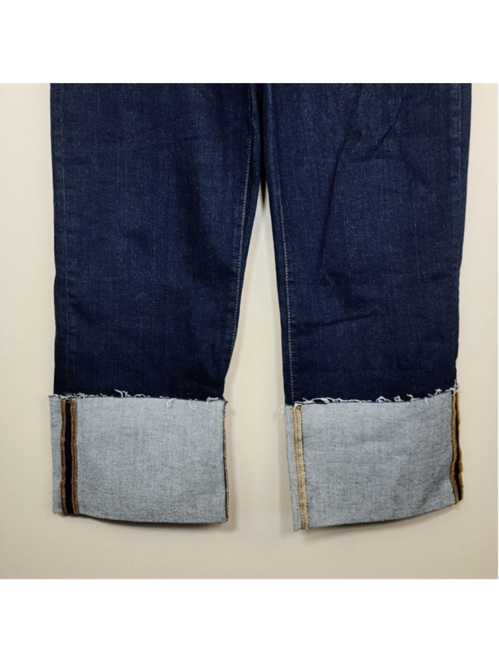 Pilcro 32 Scotty Wide Straight Leg Jeans Dark Rinse Wash High Cuff Tall Raw Hem - Picture 8 of 10